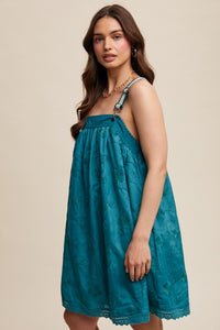 Teal Green Romantic Embroidered Overall Dress