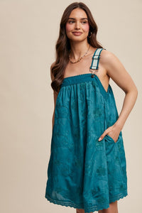 Teal Green Romantic Embroidered Overall Dress