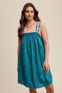 Teal Green Romantic Embroidered Overall Dress