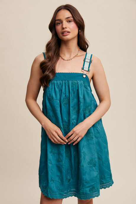 Teal Green Romantic Embroidered Overall Dress