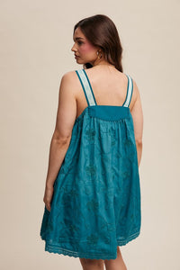 Teal Green Romantic Embroidered Overall Dress