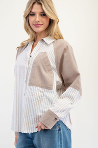 Hazelnut Mineral Washed Color Block Striped Shirt