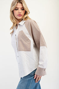 Hazelnut Mineral Washed Color Block Striped Shirt