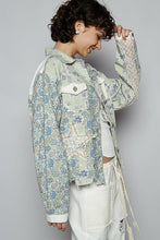 White/Green Floral Long Sleeve Printed Twill Woven Jacket