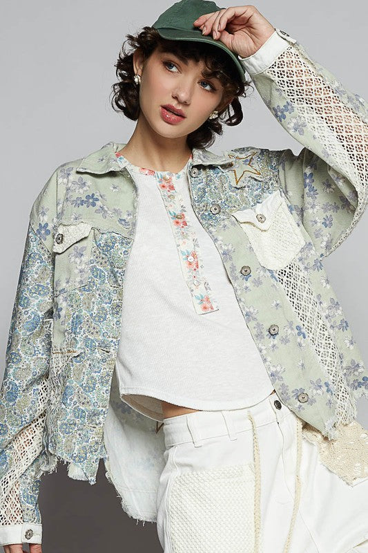 White/Green Floral Long Sleeve Printed Twill Woven Jacket