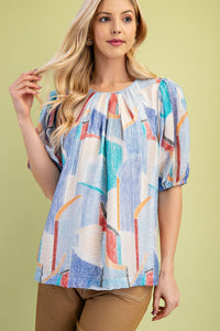 Blue Short Puff Sleeves Printed Round Neck Top