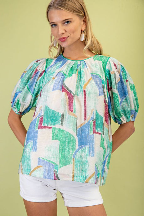 Green Short Puff Sleeves Printed Round Neck Top