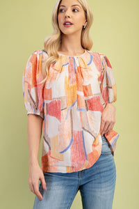 Coral Short Puff Sleeves Printed Round Neck Top