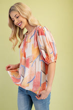 Coral Short Puff Sleeves Printed Round Neck Top