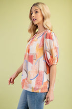 Coral Short Puff Sleeves Printed Round Neck Top