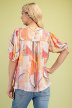 Coral Short Puff Sleeves Printed Round Neck Top