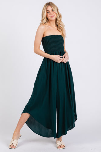 Hunter Green Smocked Detail Off Shoulder Jumpsuit