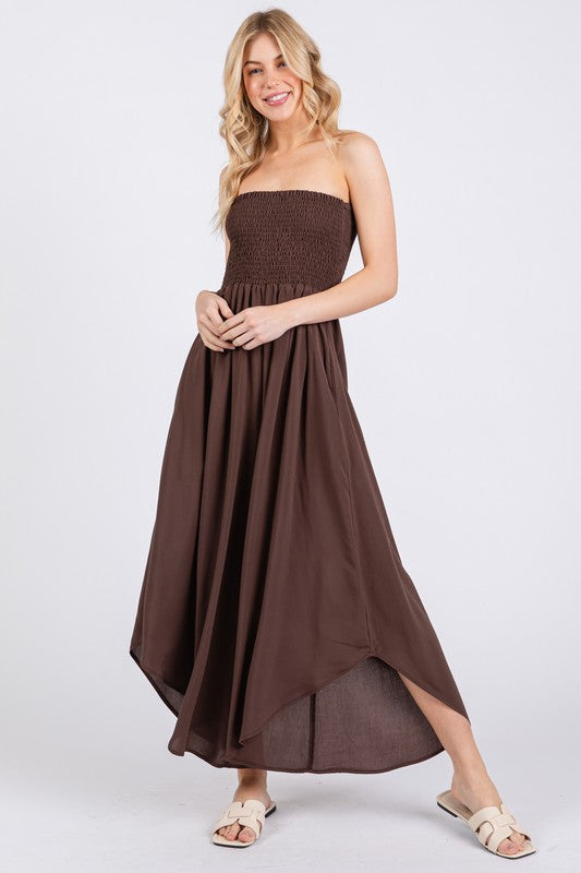 Brown Smocked Detail Off Shoulder Jumpsuit