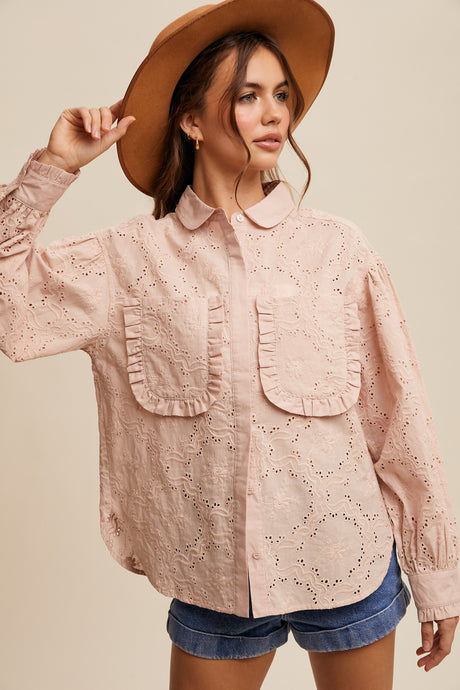 Blush Eyelet Ruffle Pocket Button-Up Blouse