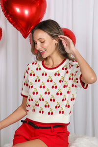 Cream/Red Short Sleeve Cherry Jacquard Sweater