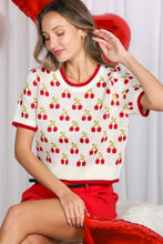 Cream/Red Short Sleeve Cherry Jacquard Sweater