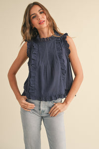 Navy Eyelet Ruffle Trim Blouse