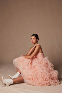 Peach Strapless Straight Neckline Rosette Ruffle Dress