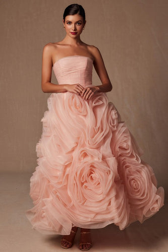 Peach Strapless Straight Neckline Rosette Ruffle Dress