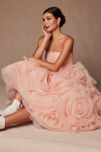 Peach Strapless Straight Neckline Rosette Ruffle Dress