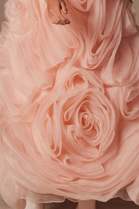 Peach Strapless Straight Neckline Rosette Ruffle Dress