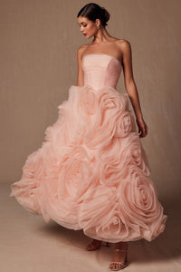 Peach Strapless Straight Neckline Rosette Ruffle Dress