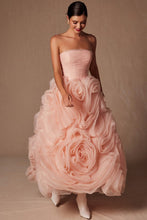 Peach Strapless Straight Neckline Rosette Ruffle Dress