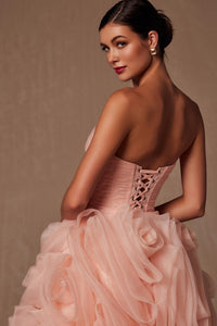 Peach Strapless Straight Neckline Rosette Ruffle Dress