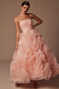 Peach Strapless Straight Neckline Rosette Ruffle Dress