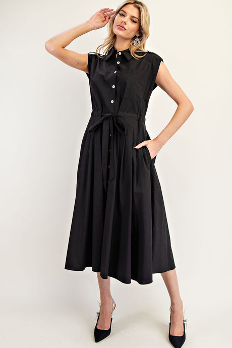 Black Button Down Cap Sleeve Midi Dress