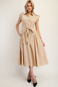 Taupe Button Down Cap Sleeve Midi Dress