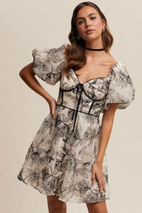 Ecru Puff Sleeve Floral Mini Dress