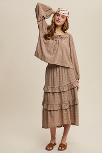 Taupe Boho Lace Tiered Maxi Skirt Set