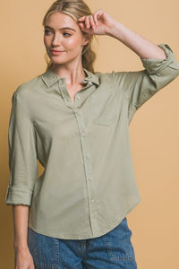 Sage Roll-Up Sleeve Linen-Blend Shirt