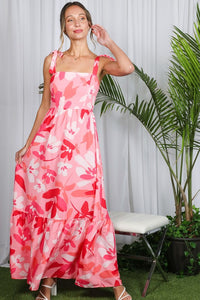 Pink Shoulder Strap Floral Printed Maxi Dress