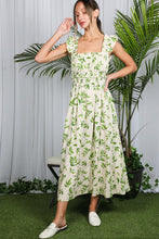 Natural/Green Shoulder Strap Leaves Printed Midi Dress