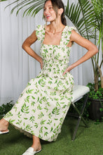 Natural/Green Shoulder Strap Leaves Printed Midi Dress