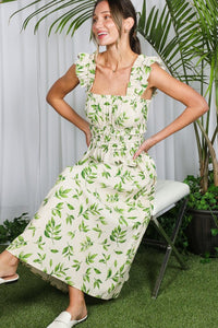 Natural/Green Shoulder Strap Leaves Printed Midi Dress