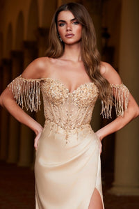 Gold Fringed Off Shoulder Bead Sequin Embellished Dress