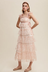 Mute Pink Delicate Floral Embroidered Lace Maxi Dress