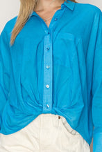 Blue Cotton Voile Twisted Hem Shirt