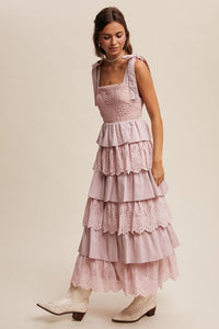 Light Mauve Tiered Eyelet Maxi Dress