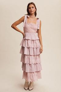 Light Mauve Tiered Eyelet Maxi Dress