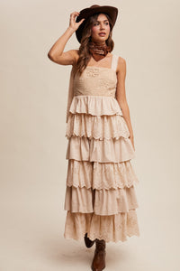 Beige Tiered Eyelet Maxi Dress