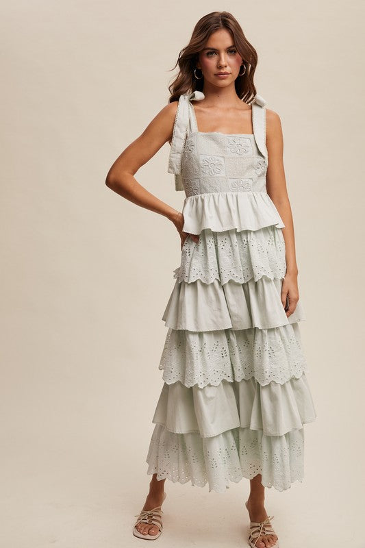 Mint Tiered Eyelet Maxi Dress