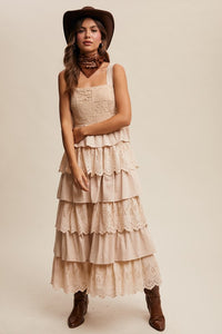 Beige Tiered Eyelet Maxi Dress