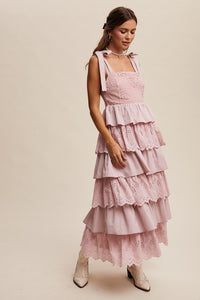 Light Mauve Tiered Eyelet Maxi Dress