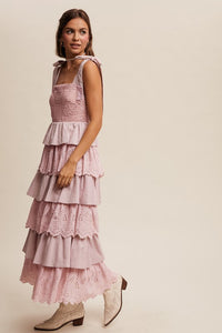 Light Mauve Tiered Eyelet Maxi Dress