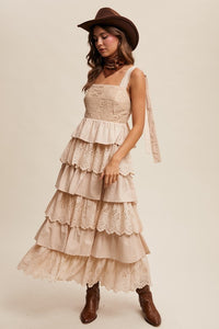 Beige Tiered Eyelet Maxi Dress