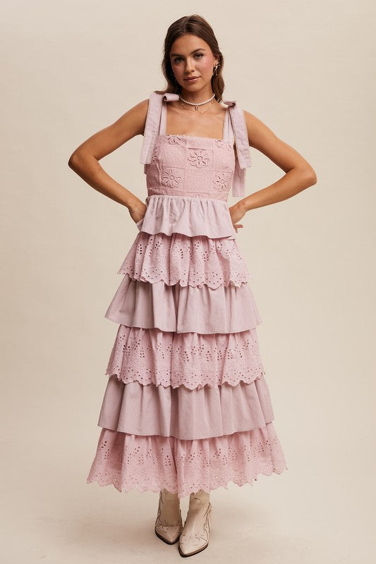 Light Mauve Tiered Eyelet Maxi Dress